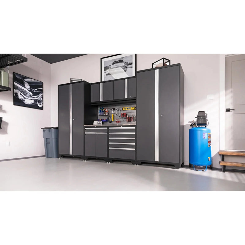 NewAge Pro 3.0 Series 9-Piece Cabinet Set With Wall, Base, Tool Drawer Cabinet, Lockers, Utility Cart and 84 in. Worktop