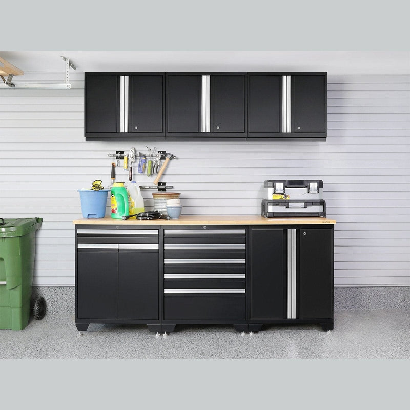 NewAge Pro Series 9 Piece Cabinet Set With Wall, Base, Tool Drawer Cabinet, 56 in. Integrated Shelf and 112 in. Worktop