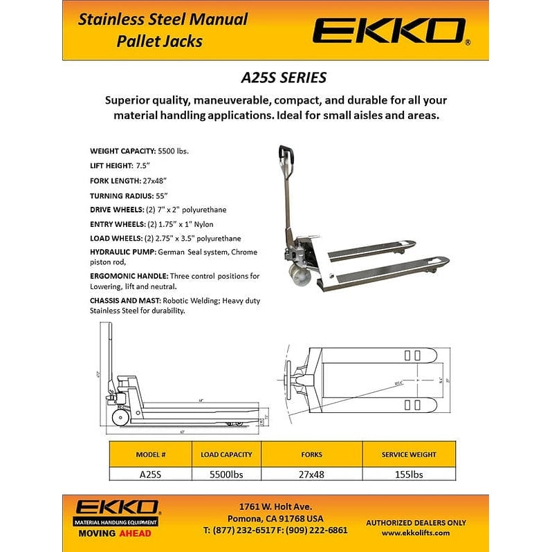 EKKO A25S Stainless Steel Manual Pallet Jack 5500lbs., Capacity