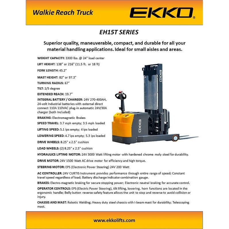 EKKO EH15TH Moving Mast Walkie Reach Truck 3300 lb Cap., 216" Height