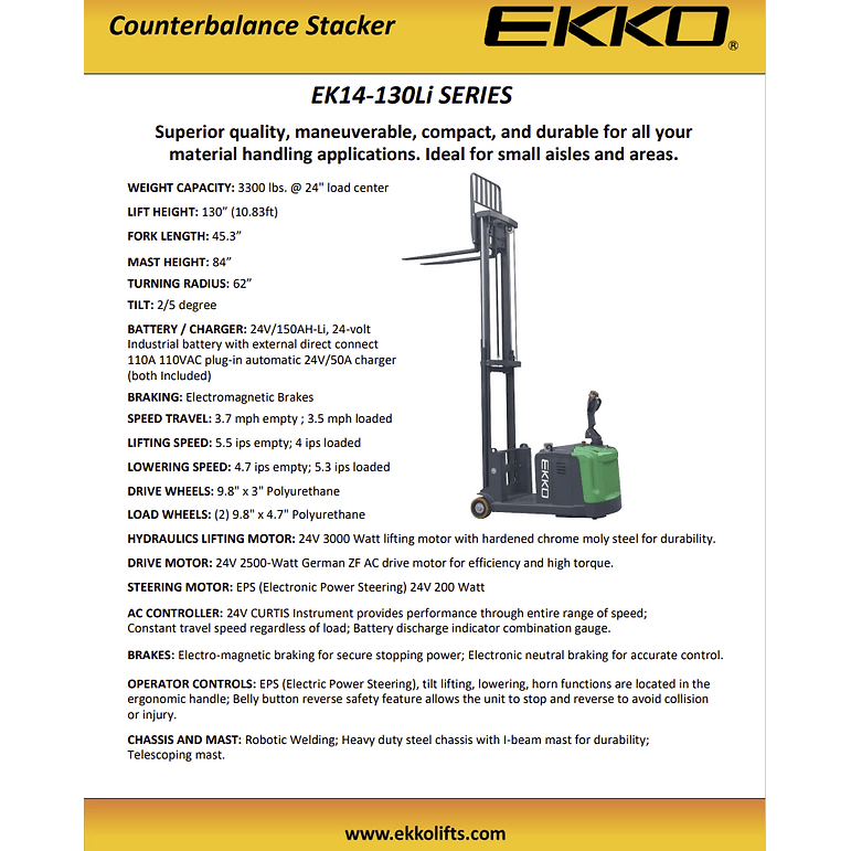 EKKO EK14-130Li Counterbalanced Walkie Stacker