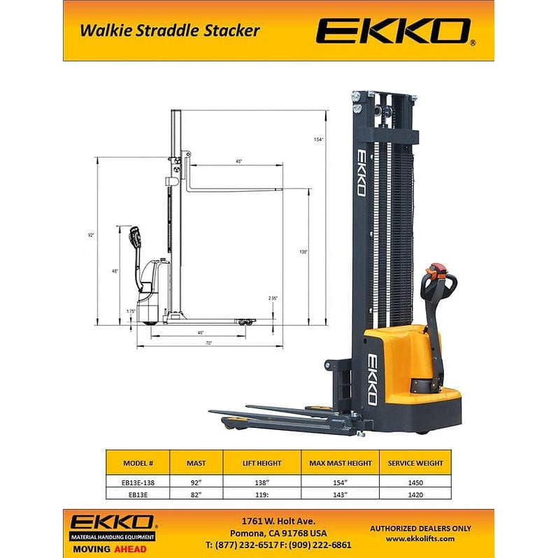 EKKO EB13E-138 Full Powered Straddle Stacker 2800 lb Cap., 138" Height