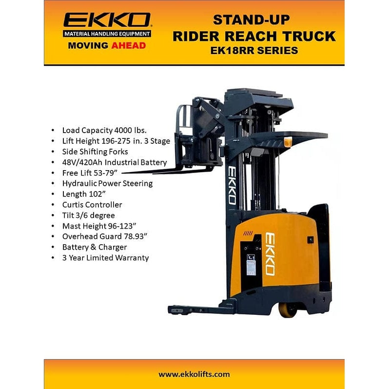 EKKO EK18RRL Stand-Up NA Reach Truck 4000 lb Cap., 196"Lift Ht.