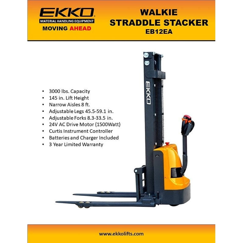 EKKO EB12EA Full Powered Straddle Stacker 3000 lb Cap., 145.67" Height