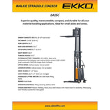 EKKO EA15C Semi-Electric Fork-Over Stacker 3300lbs. Cap., 119.3" Height