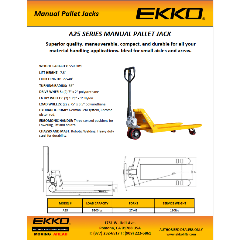 EKKO A25 Manual Pallet Jack 5500lbs., Capacity