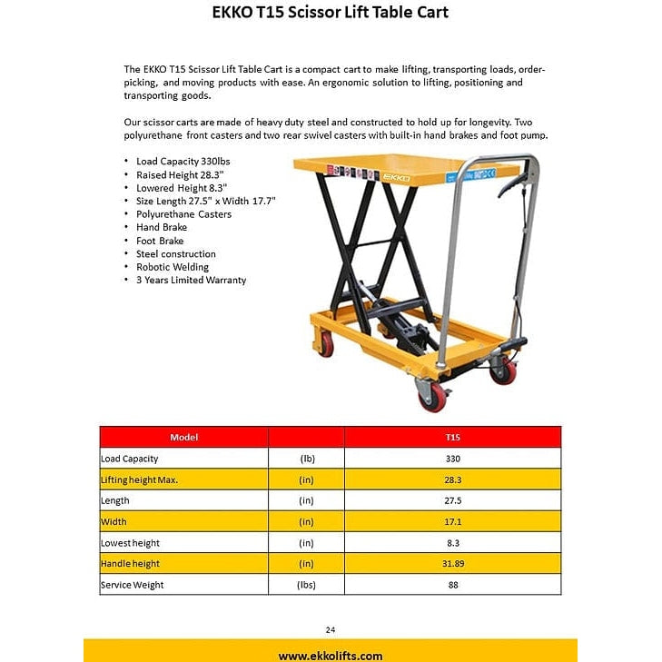 EKKO T15 Scissor Lift Table Cart 330 lb Capacity