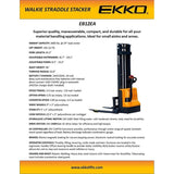 EKKO EB12EA Full Powered Straddle Stacker 3000 lb Cap., 145.67" Height