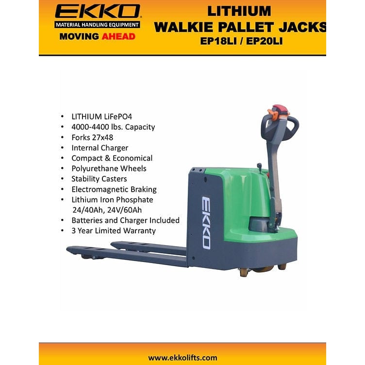 EKKO EP18LI Lithium Iron Walkie Pallet Jack 4000 lb Capacity