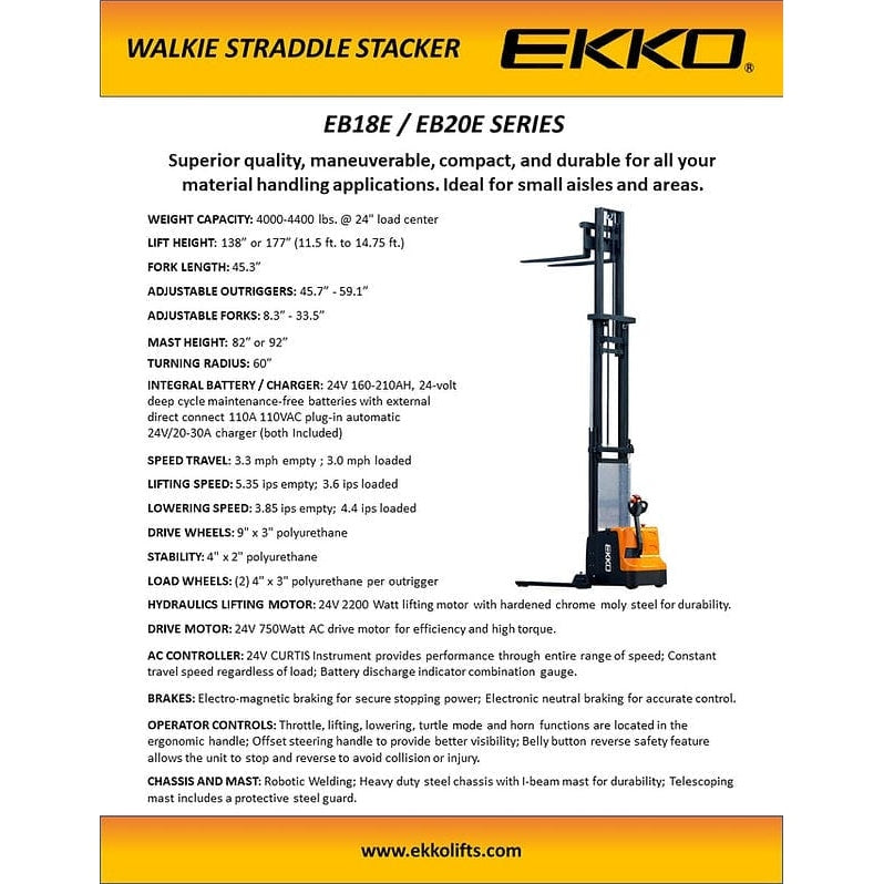 EKKO EB20E Full Powered Straddle Stacker 4400 lb Cap., 177" Height