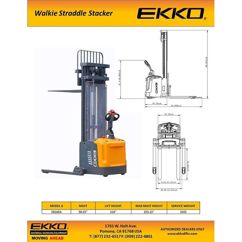 EKKO EB16EA Full Powered Straddle Stacker 4400 lb Cap., 216" Height