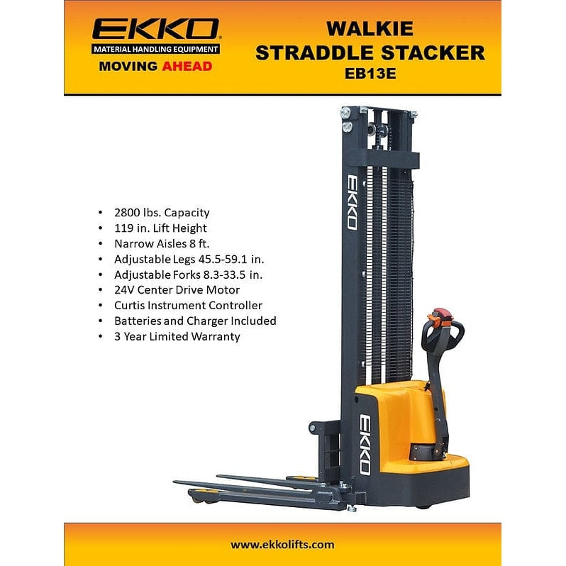 EKKO EB13E-138 Full Powered Straddle Stacker 2800 lb Cap., 138" Height