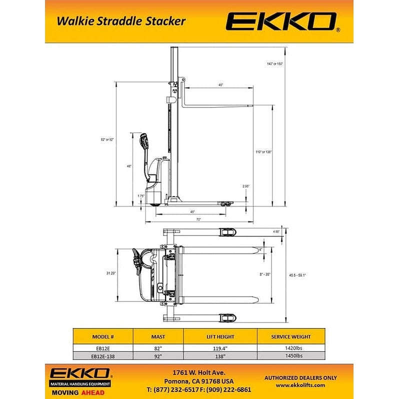 EKKO EB12E-138 Full Powered Straddle Stacker 2640 lb Cap., 138" Height