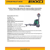 EKKO Lithium Iron Phosphate EP18SLI Pallet Jack 4000 lb Capacity