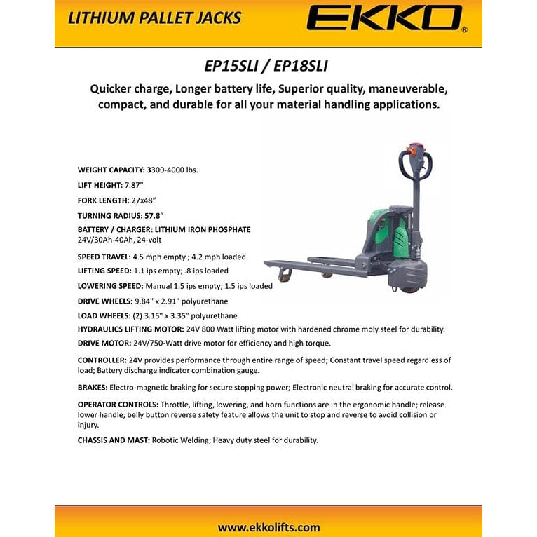 EKKO Lithium Iron Phosphate EP18SLI Pallet Jack 4000 lb Capacity