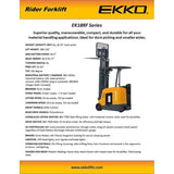 EKKO EK18RF Stand-up Rider Forklift, 4000 lb Cap., 216" Lift Ht. 48V