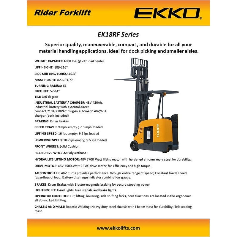 EKKO EK18RF Stand-up Rider Forklift, 4000 lb Cap., 216" Lift Ht. 48V