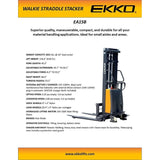 EKKO EA15B Semi-Electric Straddle Stacker 3300lbs. Cap., 119.4" Height