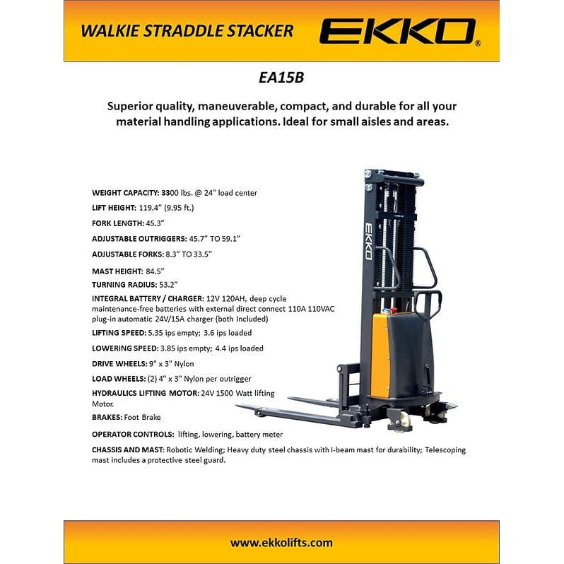 EKKO EA15B Semi-Electric Straddle Stacker 3300lbs. Cap., 119.4" Height