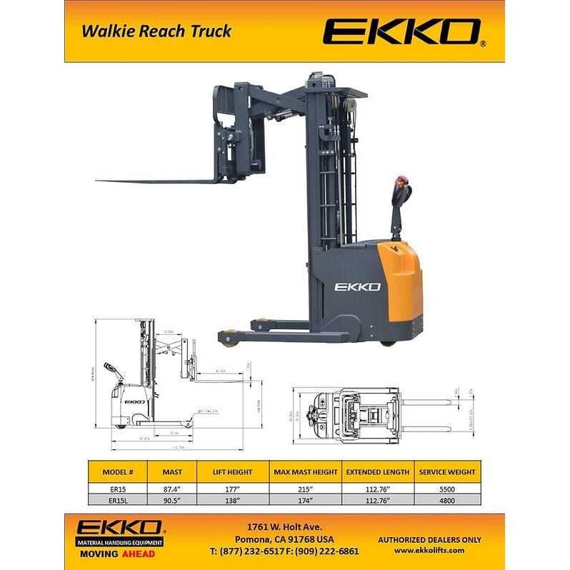 EKKO ER15 Walkie Reach Truck 3300 lb Cap., 177" Height, Side Shift