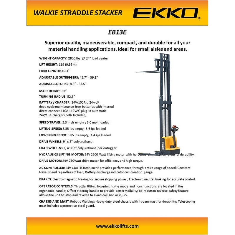 EKKO EB13E Full Powered Straddle Stacker 2800 lb Cap., 119" Height