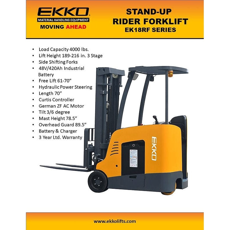 EKKO EK18RFL Stand-up Rider Forklift, 4000 lb Cap., 189" Lift Ht. 48V