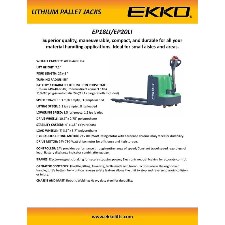 EKKO EP20LI Lithium Iron Phosphate Pallet Jack 4400 lb Capacity