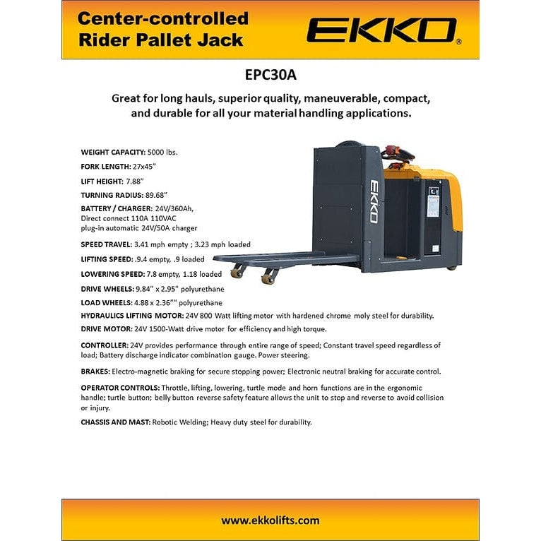 EKKO EPC30A Center-Controlled Rider Pallet Jack 5000lbs. Capacity