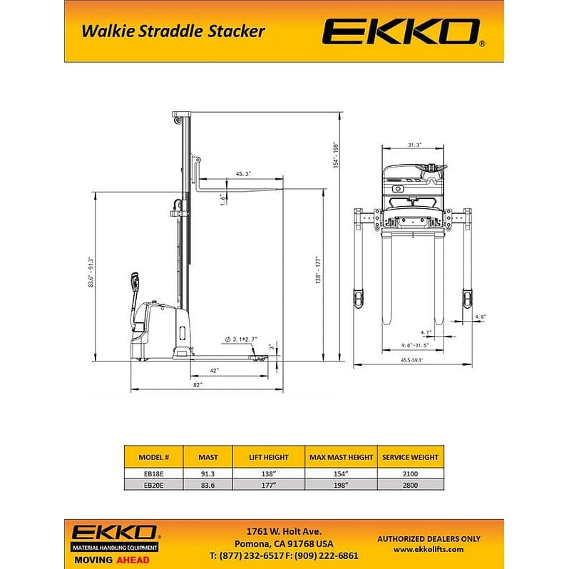 EKKO EB20E Full Powered Straddle Stacker 4400 lb Cap., 177" Height