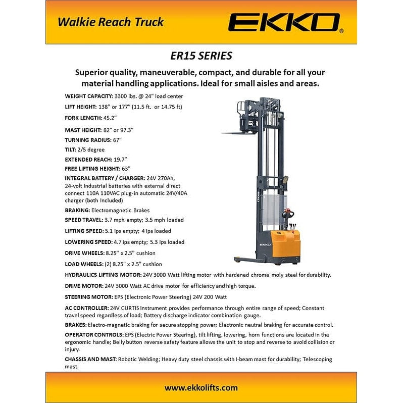 EKKO ER15 Walkie Reach Truck 3300 lb Cap., 177" Height, Side Shift