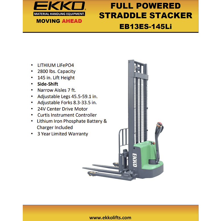 EKKO EB13ES-145Li Full Powered Straddle Stacker 2640 lb Cap., 145" Height