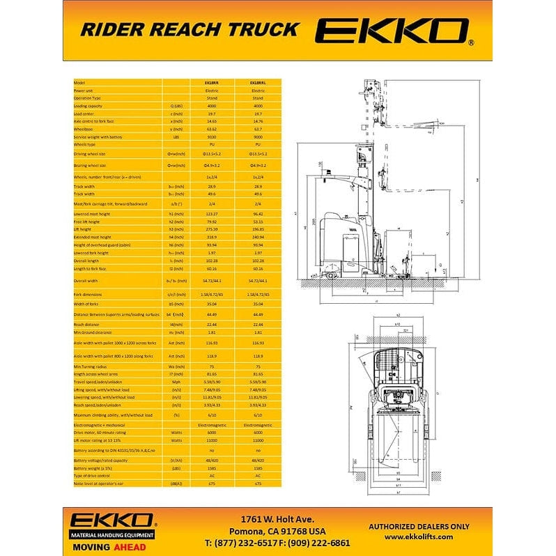 EKKO EK18RRL Stand-Up NA Reach Truck 4000 lb Cap., 196"Lift Ht.