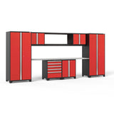 NewAge Pro Series 9 Piece Cabinet Set With Wall, Base, Tool Drawer Cabinet, 56 in. Integrated Shelf and 112 in. Worktop