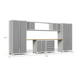 NewAge Pro Series 9 Piece Cabinet Set With Wall, Base, Tool Drawer Cabinet, 56 in. Integrated Shelf and 112 in. Worktop