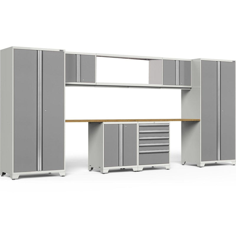 NewAge Pro Series 9 Piece Cabinet Set With Wall, Base, Tool Drawer Cabinet, 56 in. Integrated Shelf and 112 in. Worktop