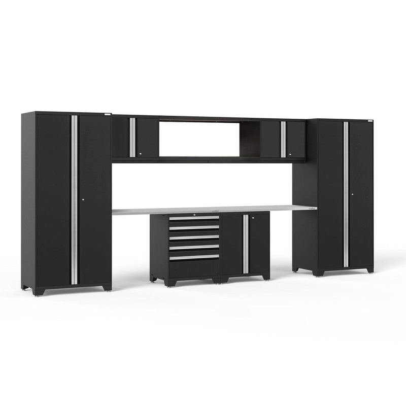 NewAge Pro Series 9 Piece Cabinet Set With Wall, Base, Tool Drawer Cabinet, 56 in. Integrated Shelf and 112 in. Worktop