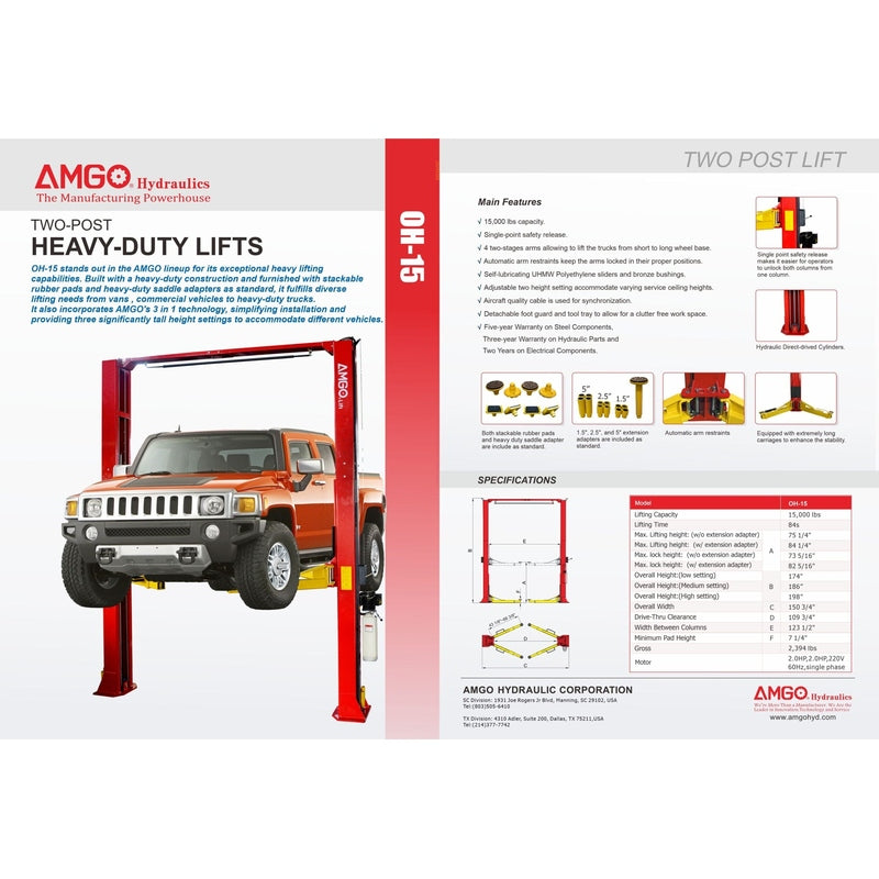 AMGO OH-15 15,000 lbs 2 Post Lift