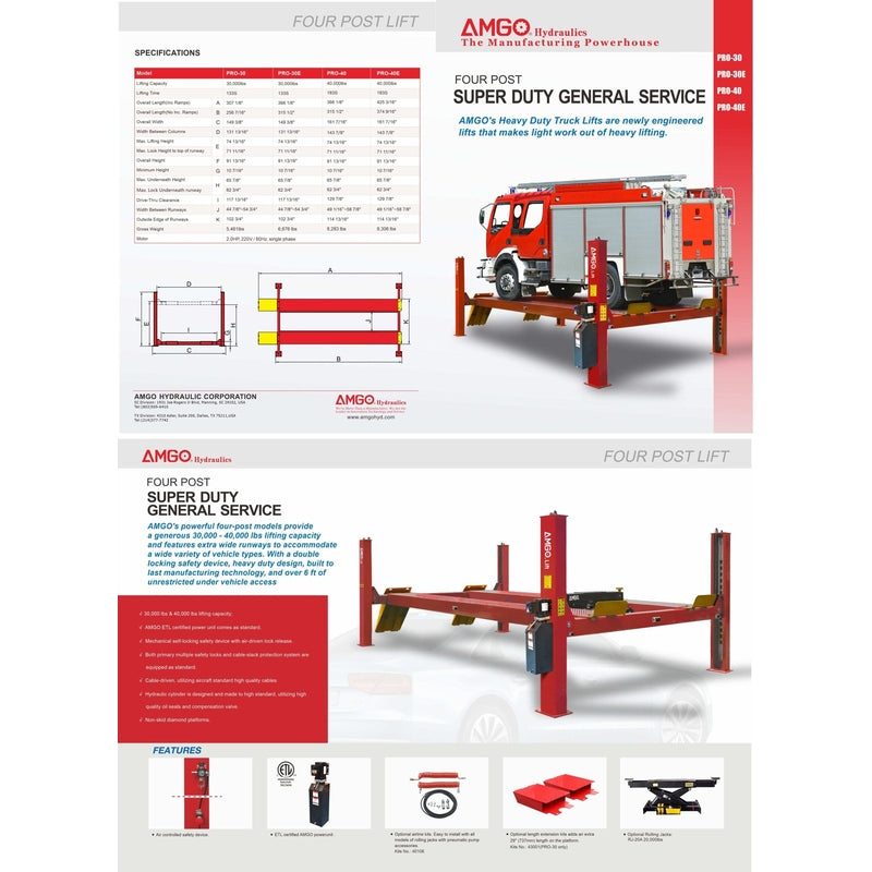 AMGO PRO-30 Heavy-Duty 30,000 lbs 4 Post Lift