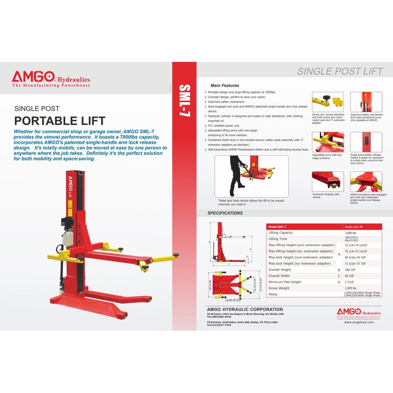 AMGO SML-7 7,000 lbs Single Post Lift