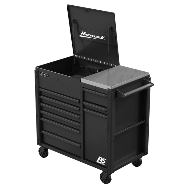 Homak | 44” RS Pro Series 9 Drawer Flip Top Power Service Cart with Workstation