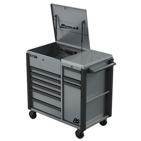 Homak | 44” RS Pro Series 9 Drawer Flip Top Power Service Cart with Workstation