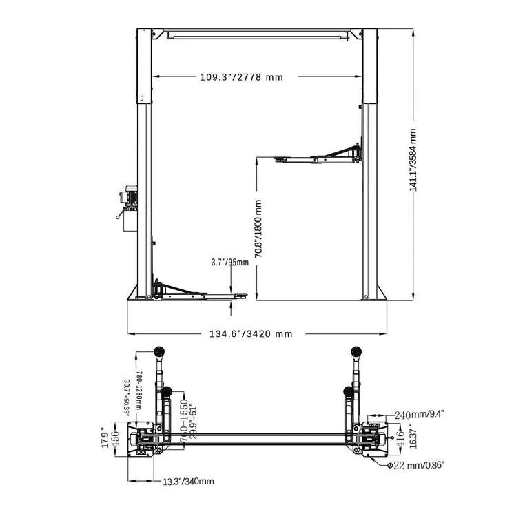 Katool KT-AS110D 11,000lbs Asymmetrical 2 Post Lift