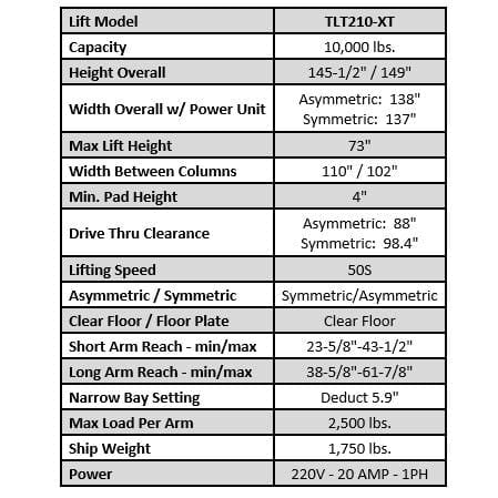 Launch Tech USA TLT210-XT 10,000lb. Capacity Two Post Lift with Adjustable Height and Width.