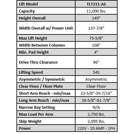 Launch Tech USA TLT211-AS 11,000 lb Clear Floor - Asymmetric - ALI Certified