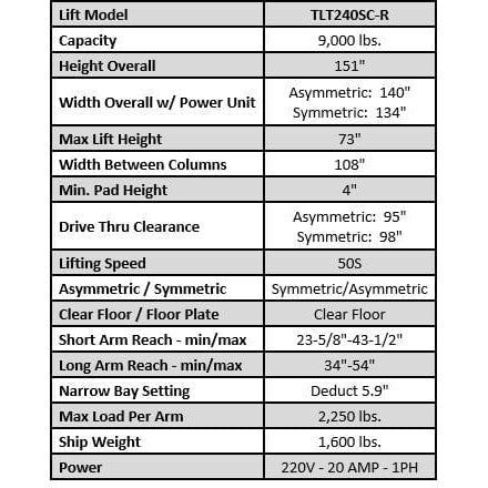 Launch Tech USA TLT240SC 9,000 lb Two Post Clear Floor - Asymmetric - RED