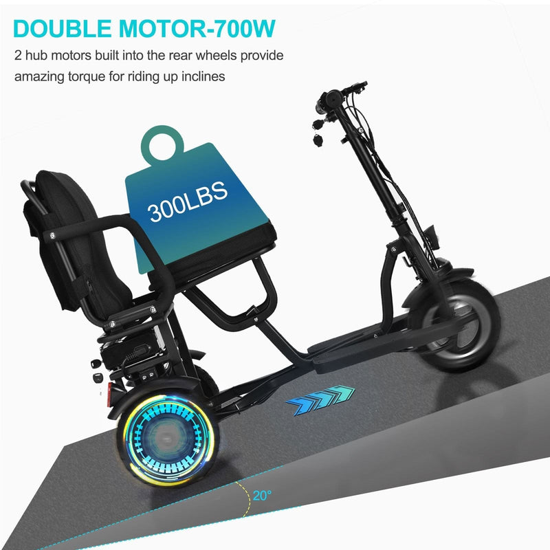 MotoTec Folding Mobility Electric Trike 48v 700w Dual Motor Lithium Black