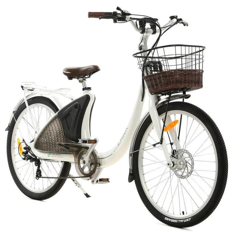 Ecotric 26 Inch White Lark Electric City Bike For Women with Basket & Rear Rack