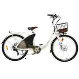 Ecotric 26 Inch White Lark Electric City Bike For Women with Basket & Rear Rack