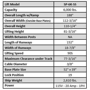 Tuxedo SP-6K-SS 6,000 lb Single Post Storage Lift