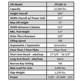 Tuxedo TP12KC-D 12,000 lb Two Post Lift -- Direct Drive